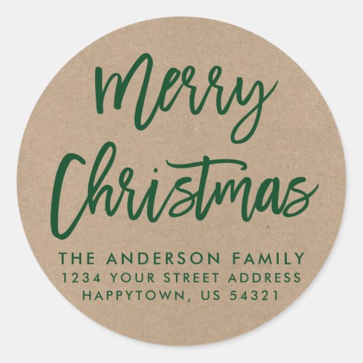 Brush Script Christmas Kraft Green Umschlag Aufkle Runder Aufkleber (Vorderseite)