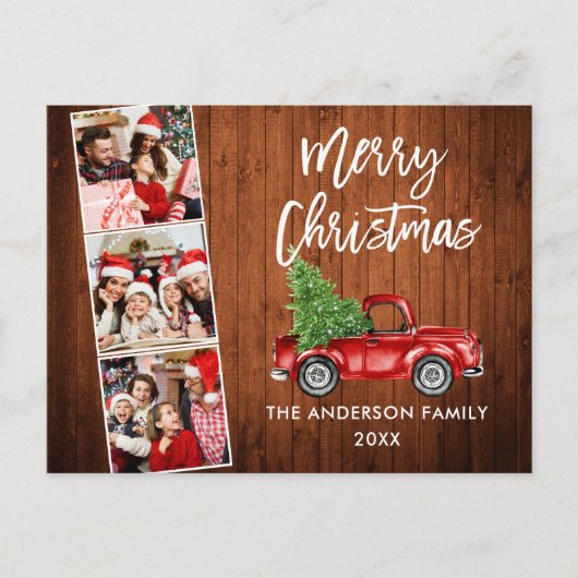 Brush Script Christmas Red Truck Wood 3 Foto Postkarte (Vorderseite)