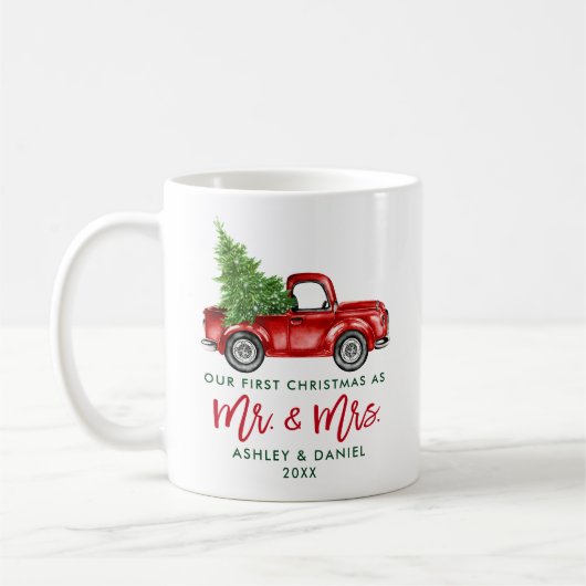 Brush Script Erste Weihnacht Mr. Red Truck Kaffeetasse (Links)
