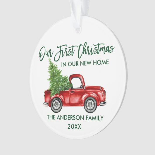 Brush Script Erste Weihnachten Neue Zuhause Truck Ornament (Vorderseite)