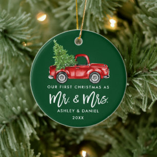 Brush Script Erste Weihnachten Vintag Truck Green Keramik Ornament