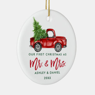 Brush Script Erste Weihnachts Red Truck FOTO Back Keramik Ornament