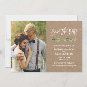 Brush Script Eucalyptus Kraft Foto Save The Date
