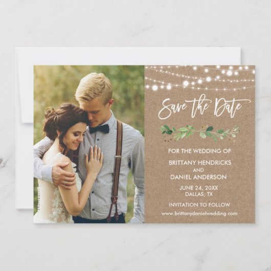 Brush Script Eucalyptus Lights Kraft Foto Save The Date (Vorderseite)