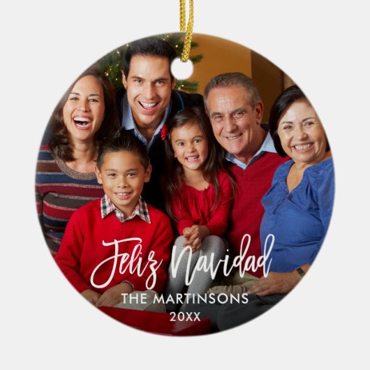Brush Script Feliz Navidad Foto Red Back Keramik Ornament (Vorne)