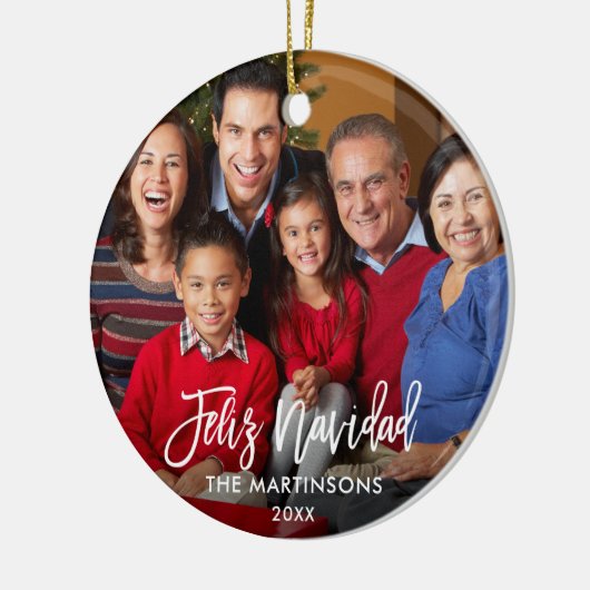 Brush Script Feliz Navidad Foto Red Back Keramik Ornament (Links)