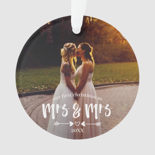 Brush Script First Christmas Frau Foto Ornament (Vorderseite)