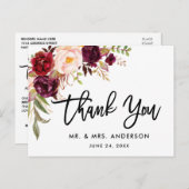 Brush Script floral Burgundy Wedding Vielen Dank Postkarte (Vorne/Hinten)