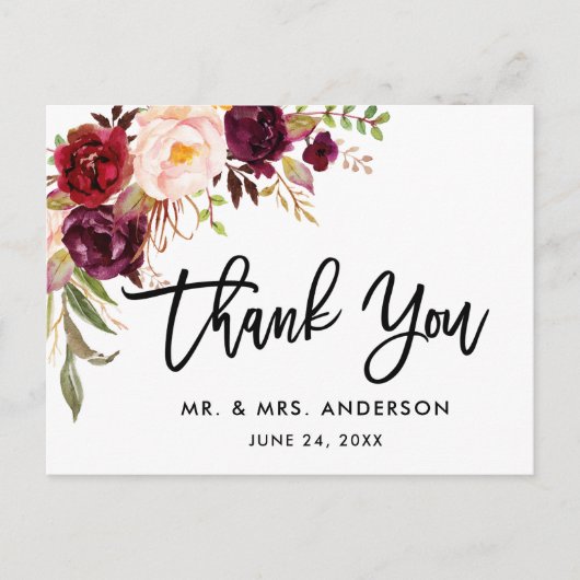 Brush Script floral Burgundy Wedding Vielen Dank Postkarte (Vorderseite)