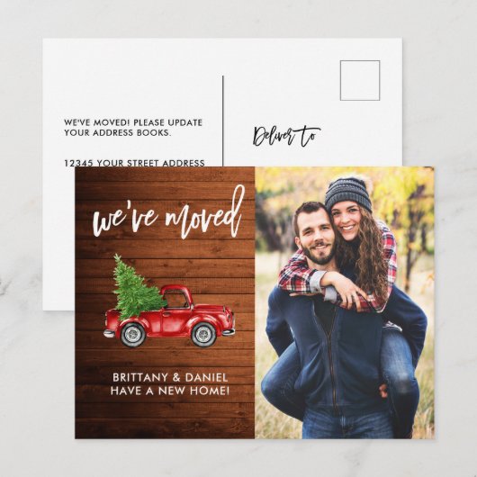 Brush Script Foto Rustikale Adresse ändern Red Tru Postkarte (Vorne/Hinten)