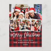 Brush Script Frohe Weihnachten Rot Kariert 4 Foto Postkarte (Vorderseite)