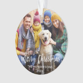 Brush Script Frohe Weihnachts-Foto Red Back Ornament (Vorderseite)