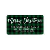 Brush Script Frohe Weihnachts Grün Karierte Adress Adressaufkleber (Vorne)
