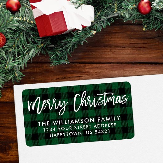 Brush Script Frohe Weihnachts Grün Karierte Adress Adressaufkleber