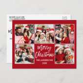 Brush Script Frohe Weihnachtsfamilie 5 Foto Rot Postkarte (Vorne/Hinten)