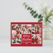 Brush Script Frohe Weihnachtsfamilie 5 Foto Rot Postkarte (Stehend Vorderseite)
