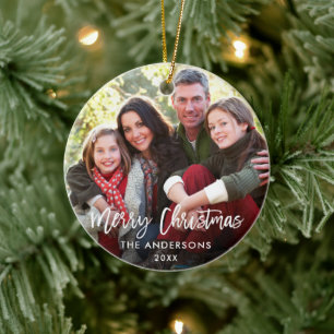 Brush Script Frohe Weihnachtsfamilie Foto RW Keramik Ornament