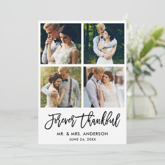Brush Script für immer Glückliche Hochzeit 4 Foto Dankeskarte (Stehend Vorderseite)