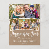 Brush Script glücklich Neujahr 4 Foto Kraft Postkarte (Vorderseite)