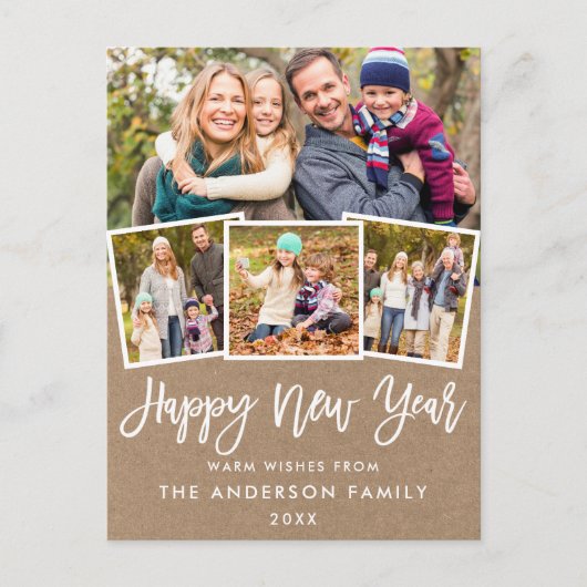 Brush Script glücklich Neujahr 4 Foto Kraft Postkarte (Vorderseite)