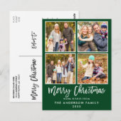 Brush Script Green Family 4 Foto Weihnachten Postkarte (Vorne/Hinten)