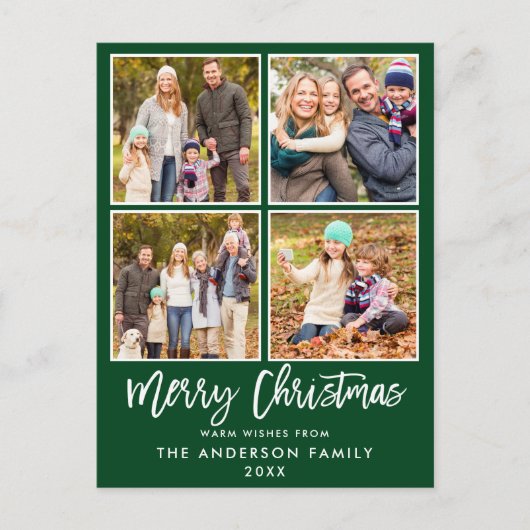 Brush Script Green Family 4 Foto Weihnachten Postkarte (Vorderseite)