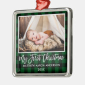 Brush Script Green Kariert Baby First Christmas Ornament Aus Metall (Links)