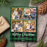 Brush Script Green Kariert Family 4 Foto Weihnacht Postkarte<br><div class="desc">Modern Brush Script Familie 4 Foto Weihnachten Karierte Postkarte Grün</div>