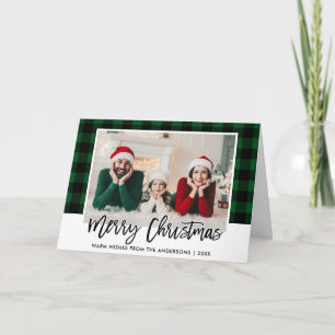 Brush Script Green Kariert Family Foto Christmas Feiertagskarte