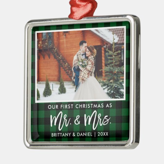 Brush Script Green Kariert First Christmas Mrs. Ornament Aus Metall (Links)