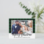 Brush Script Green Kariert Wedding Foto Weihnachte Postkarte (Stehend Vorderseite)