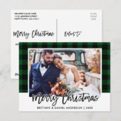 Brush Script Green Kariert Wedding Foto Weihnachte Postkarte (Vorne/Hinten)