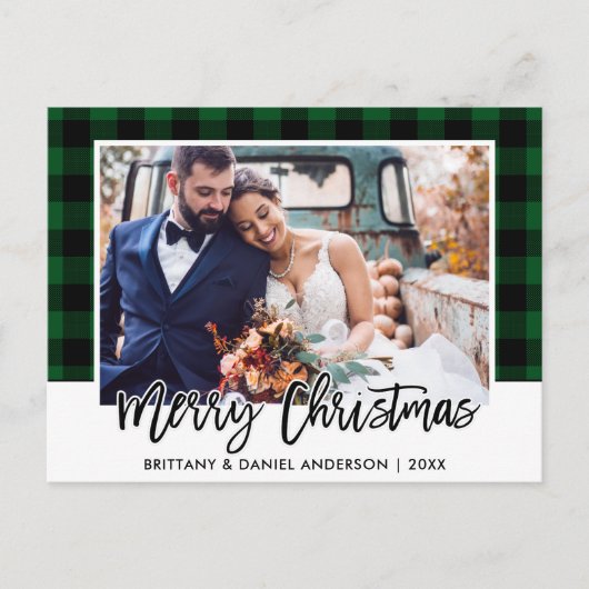 Brush Script Green Kariert Wedding Foto Weihnachte Postkarte (Vorderseite)