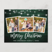 Brush Script Green Wood Lights 3 Foto Weihnachten Postkarte (Vorderseite)
