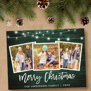 Brush Script Green Wood Lights 3 Foto Weihnachten Postkarte