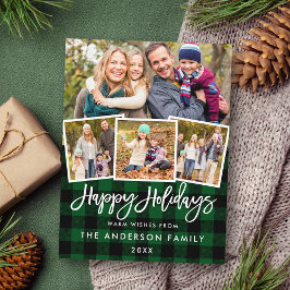 Brush Script Happy Holidays 4 Foto Grün Kariert Postkarte