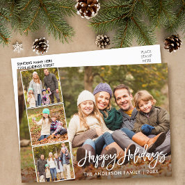 Brush Script Happy Holidays Familie 4 Foto Postkarte