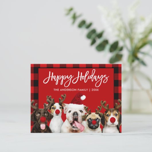 Brush Script Happy Holidays Hunde Rot Kariert Postkarte (Stehend Vorderseite)