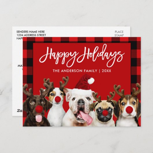 Brush Script Happy Holidays Hunde Rot Kariert Postkarte (Vorne/Hinten)