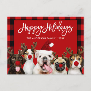 Brush Script Happy Holidays Hunde Rot Kariert Postkarte