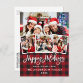 Brush Script Happy Holidays Red Kariert 4 Foto Postkarte (Vorne/Hinten)
