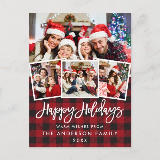 Brush Script Happy Holidays Red Kariert 4 Foto Postkarte (Vorderseite)
