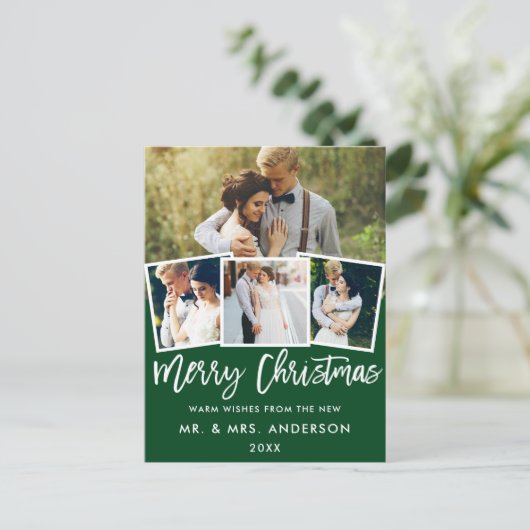 Brush Script Hochzeit 4 Foto Grün Postkarte (Stehend Vorderseite)