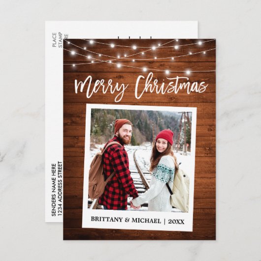 Brush Script Instant Camera Wood Couple Weihnachte Postkarte (Vorne/Hinten)