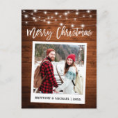 Brush Script Instant Camera Wood Couple Weihnachte Postkarte (Vorderseite)