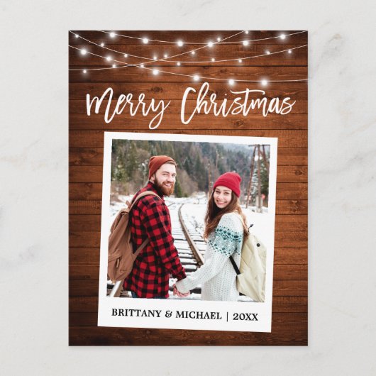 Brush Script Instant Camera Wood Couple Weihnachte Postkarte (Vorderseite)