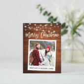Brush Script Instant Camera Wood Couple Weihnachte Postkarte (Stehend Vorderseite)