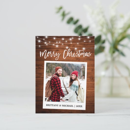 Brush Script Instant Camera Wood Couple Weihnachte Postkarte (Stehend Vorderseite)
