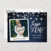 Brush Script Instant Foto Blue Wood Save the Date Postkarte (Vorne/Hinten)