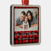 Brush Script Kariert Family Erste Weihnachtszeit Ornament Aus Metall (Rechts)